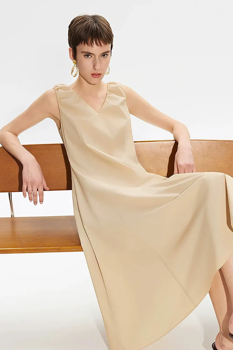 Women's New Khaki Office Sleeveless V-Neck Dress