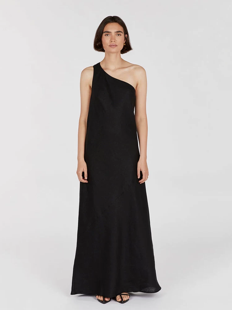 Vestido largo informal de lino con dobladillo asimétrico para mujer