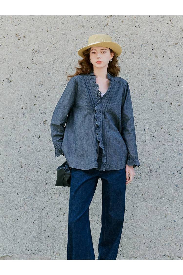 Blusa de manga larga bordada en mezcla de lino y algodón para mujer