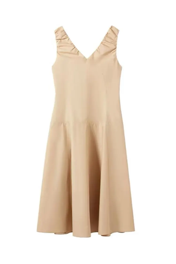 Nuevo vestido de oficina color caqui sin mangas con cuello en V para mujer